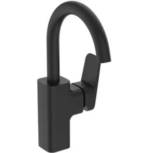 Ideal Standard Armatur in Silk Black mit geschwungenem Auslauf und quadratischem Griff. Geeignet für moderne Waschtische.